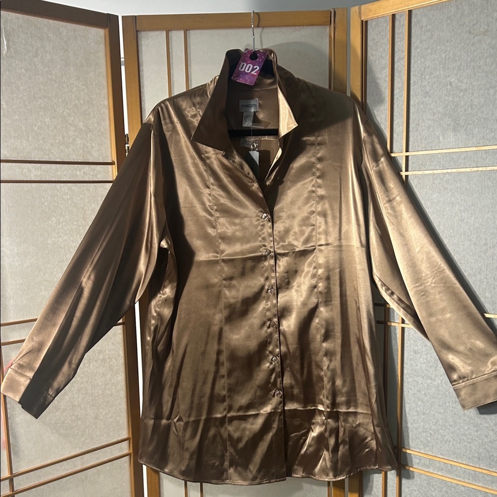 Chico's Shimmering Bronze Satin Blouse